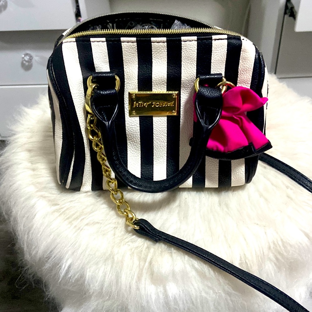 Betsey Johnson Black White Stripe Computer Bag Purse